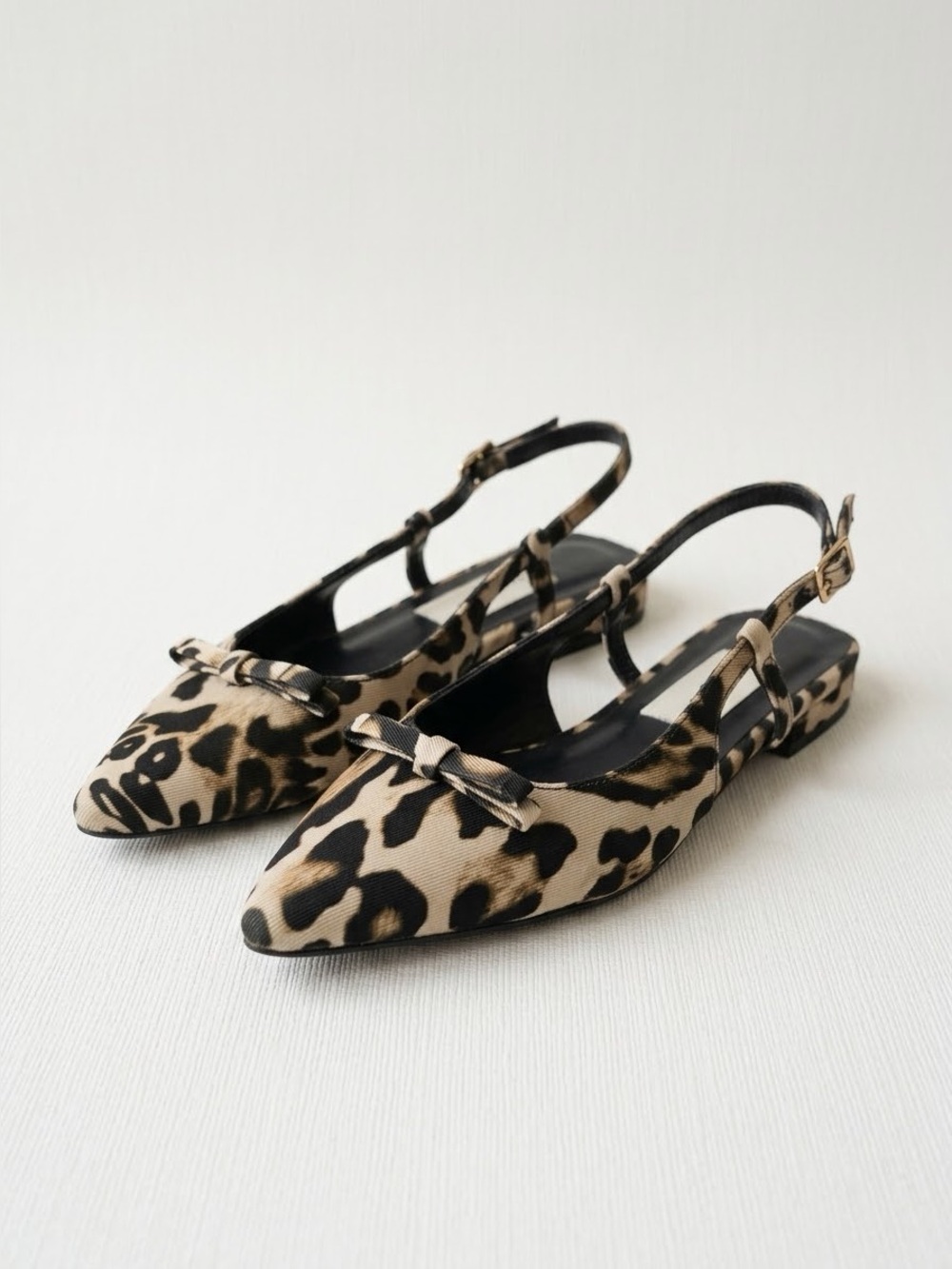 BEATRICE .B Animalier Leopard Print Slingback Pointed Toe Flat Shoes Bow Detail